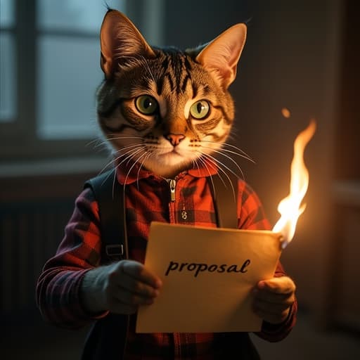  in a dimly lit room, hemule, the anthropomorphic light brown tabby cat with striking green eyes, stands with an air of rebellion and charisma. hemule, exuding an edgy vibe, holds a piece of paper with the word "proposal" on it, poised to set it ablaze. the paper, adorned with intricate details, seems to tremble in anticipation of its fiery fate. hemule's immaculate style is evident in the subtle play of light and shadow on their fur, accentuating the mix of brown, black, and grey stripes. the scene captures the moment of defiance, with the flickering flames casting a warm glow on hemule's features, amplifying their tough persona. the meticulous rendering blurs the hyperrealistic, full body, detailed clothing, highly detailed, cinematic lighting, stunningly beautiful, intricate, sharp focus, f/1. 8, 85mm, (centered image composition), (professionally color graded), ((bright soft diffused light)), volumetric fog, trending on instagram, trending on tumblr, HDR 4K, 8K