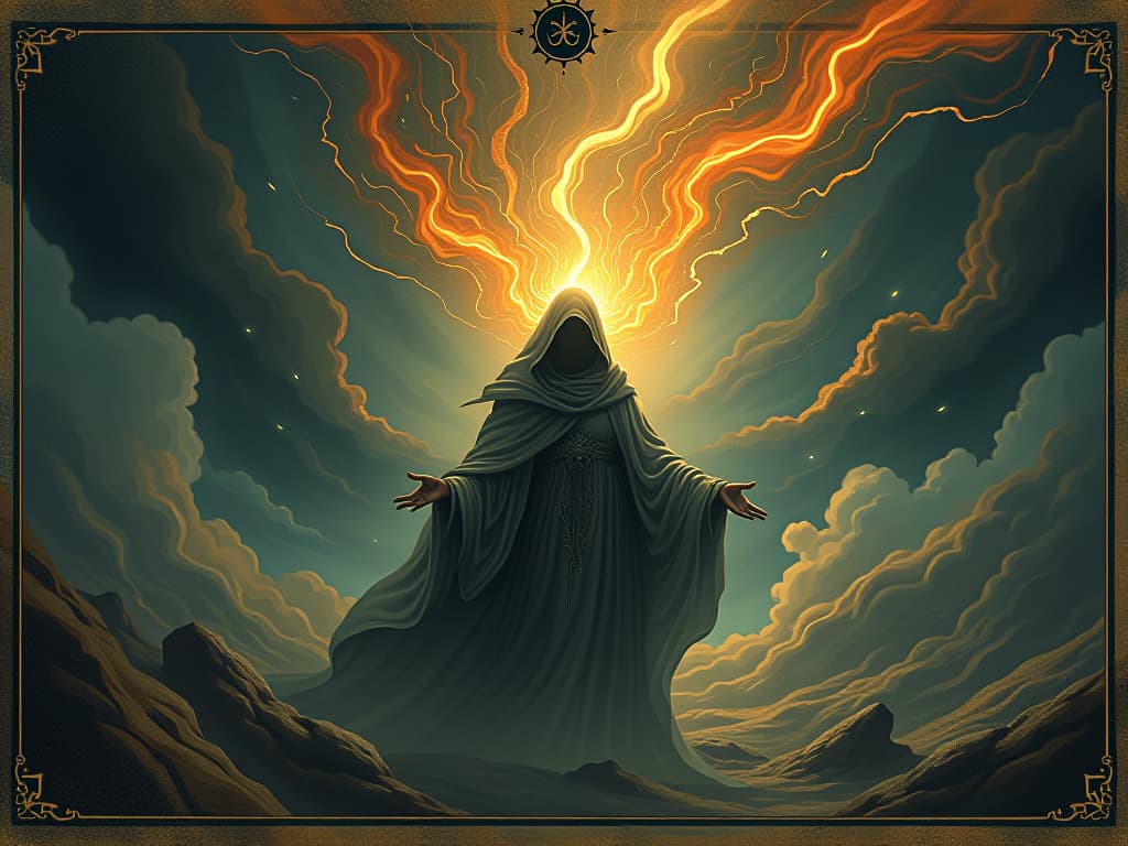  atmosphere shift, air pulsing with mystical energy, glowing tendrils of light, dynamic and charged presence, life infused mysticism. an illustration in the style of a worn, mystical old tarot trump card, mysterious and elements of surrealism. the colors are muted, somber and eerie, but with contrast bring out an occult and esoteric vibe.