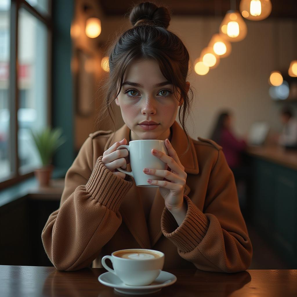  a girl is drinking coffee in a café. hyperrealistic, full body, detailed clothing, highly detailed, cinematic lighting, stunningly beautiful, intricate, sharp focus, f/1. 8, 85mm, (centered image composition), (professionally color graded), ((bright soft diffused light)), volumetric fog, trending on instagram, trending on tumblr, HDR 4K, 8K