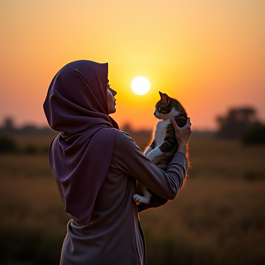  a girl in a hijab holding a cat stands with her back against the backdrop of a sunrise.