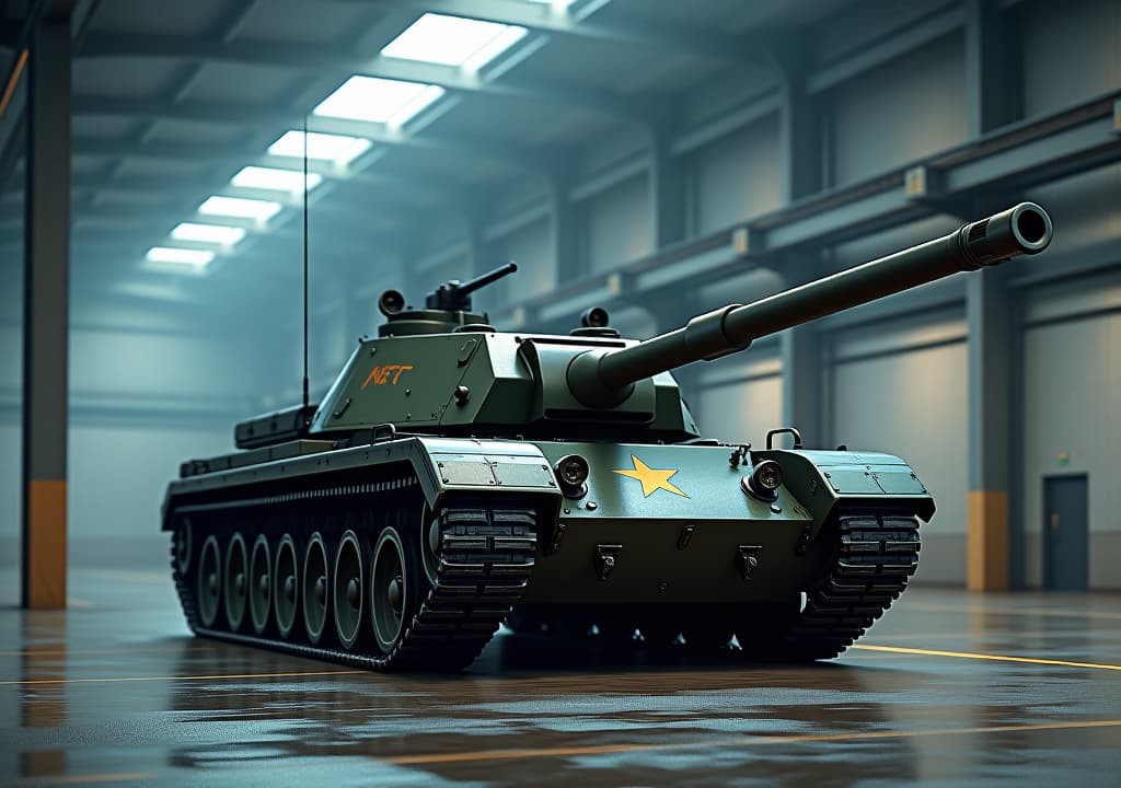  a formidable tank stands ready within the vast confines of an industrial warehouse