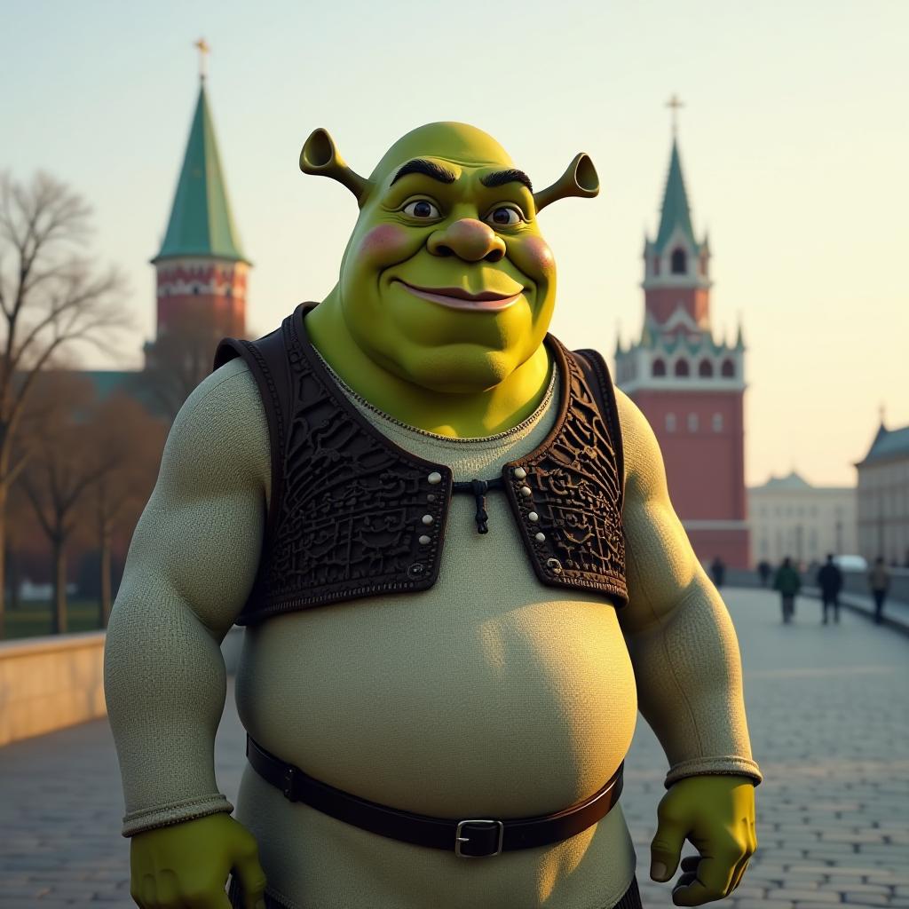  shrek from the animated movie stands against the backdrop of the kremlin. hyperrealistic, full body, detailed clothing, highly detailed, cinematic lighting, stunningly beautiful, intricate, sharp focus, f/1. 8, 85mm, (centered image composition), (professionally color graded), ((bright soft diffused light)), volumetric fog, trending on instagram, trending on tumblr, HDR 4K, 8K