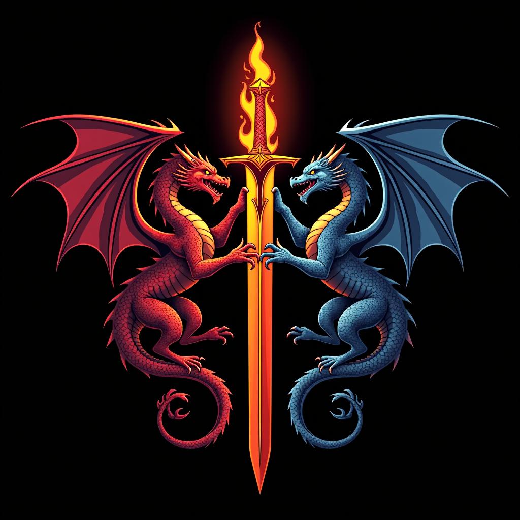  design a logo, custom sticker design on an isolated black background decorated by mythical dragons and a flaming sword