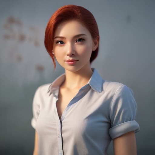 one beautiful young Red Head North Korean with preety eyes standing in one pose on the , ((one standing in one pose)), , ((in simple shirt and )), very skinny, ,((looking at viewer)), smile, ((pretty eyes)), close-up,, (((in simple clothes)))doll  hyperrealistic, full body, detailed clothing, highly detailed, cinematic lighting, stunningly beautiful, intricate, sharp focus, f/1. 8, 85mm, (centered image composition), (professionally color graded), ((bright soft diffused light)), volumetric fog, trending on instagram, trending on tumblr, HDR 4K, 8K