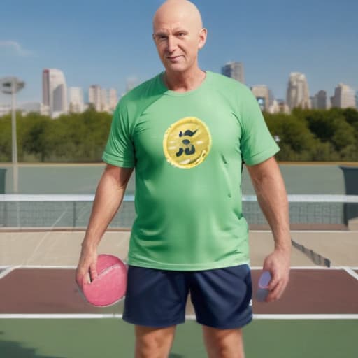 Create image of 55 year old bald man who weighs 220 dominating in pickleball in Mythological style with City background