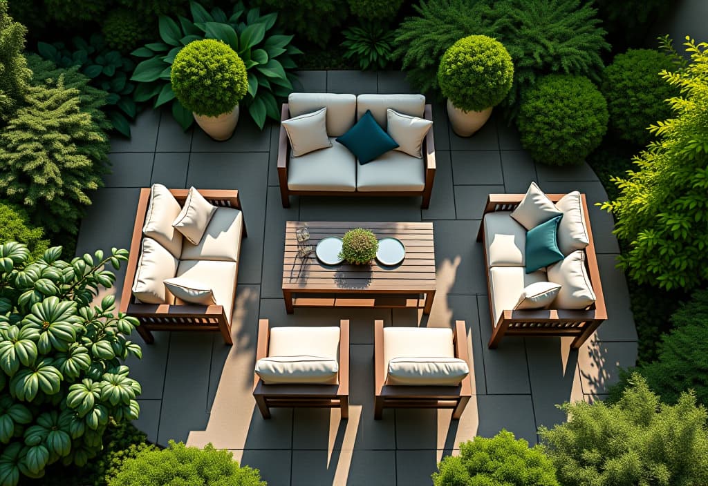  a landscape photo of an aerial view of a perfectly arranged patio set, featuring a mix of materials such as cast aluminum, resin, and polywood, surrounded by lush greenery hyperrealistic, full body, detailed clothing, highly detailed, cinematic lighting, stunningly beautiful, intricate, sharp focus, f/1. 8, 85mm, (centered image composition), (professionally color graded), ((bright soft diffused light)), volumetric fog, trending on instagram, trending on tumblr, HDR 4K, 8K