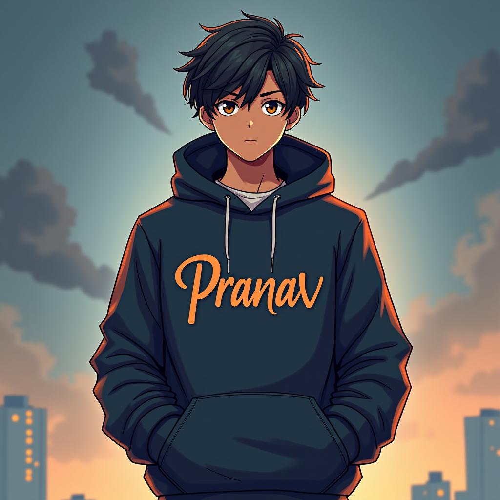  good quality, high quality, a hot anime boy wearing hoodie pranav written on it standing with lord krishna