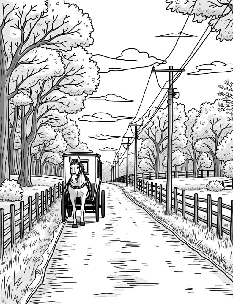  a quaint country road with a horse drawn carriage and autumn trees lining the path, black and white line art on a white background, for an adult coloring page.