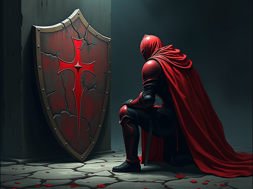  knight in red armor, kneeling before a cracked shield, difficulty regaining self respect, somber mood. the style is digital art illustration / modern comic book / graphic dark novel fantasy and mysterious occult, symbolic, moody lighting, esoteric vibe,high detail on character design. for the color scheme emphasize blacks and reds.