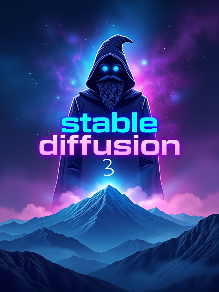  an epic logo for "stable diffusion 3", depicting a space wizard in the style of a nebula background with blue and purple neon text on a white glowing background floating over a mountain range