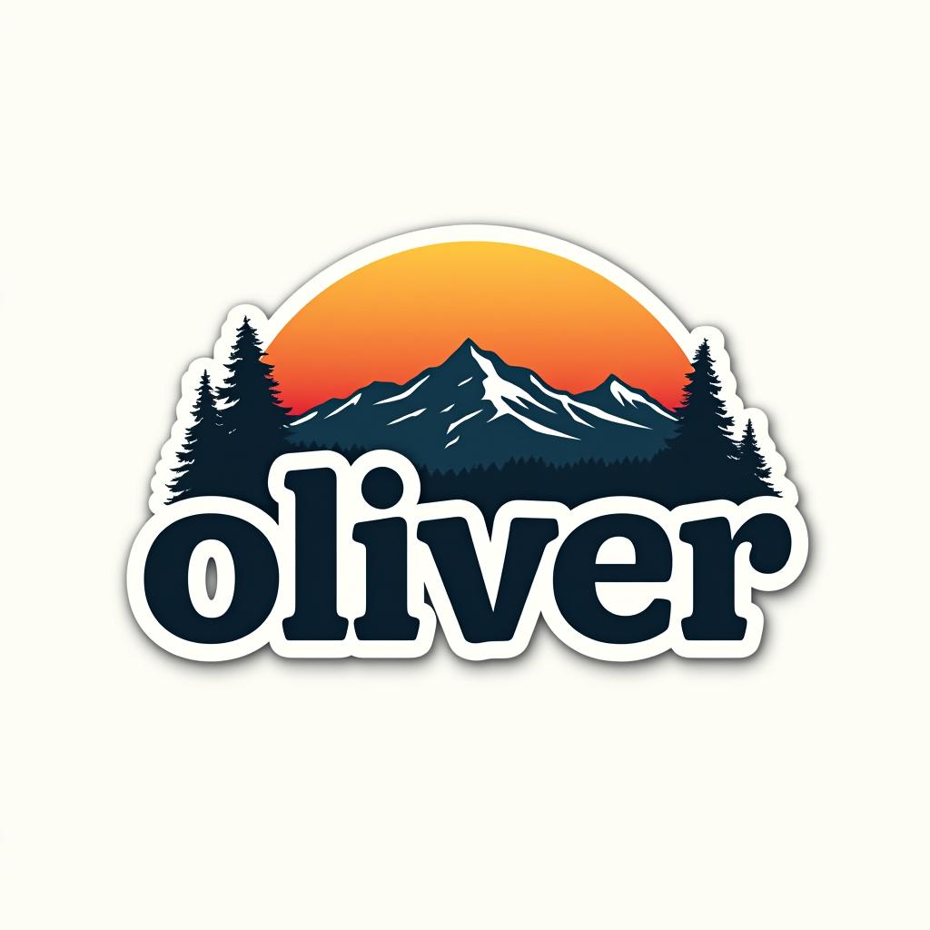  design a logo, custom sticker design on an isolated white background with the bold words ‘oliver’ with a backdrop of a mountain range, and silhouettes of pine trees at sunset