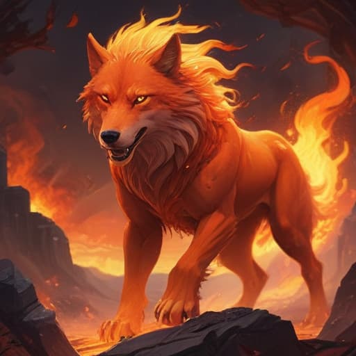 In the digital art style of Akina Fujiwara, create an image of "Divine Beast: Scorching Wolf." The majestic wolf stands proudly amidst a blazing inferno, its fur a brilliant shade of fiery red. Flames dance around its powerful form, casting a warm glow on its golden eyes. The wolf's fur shimmers with heat, emitting waves of scorching energy. Its presence exudes power and strength, a true embodiment of the fire attribute. Let the viewer feel the intensity of the flames and the ferocity of the divine beast. fantastical creatures or characters inspired by mythology, folklore, or popular culture. use vibrant colors, sharp lines, intricate details, dynamic poses, dramatic lighting, atmospheric backgrounds, and blend anime, manga, and Western com