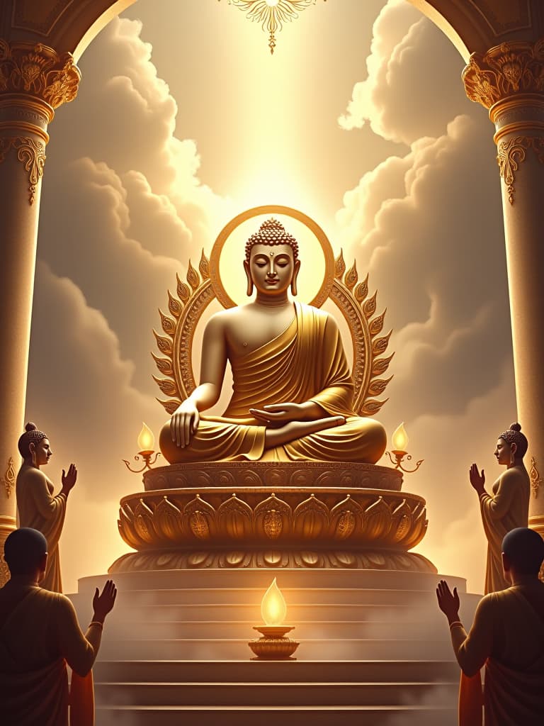  buddha seated majestically on a lotus throne in the celestial palace of the heavens. the buddha is depicted with a serene and compassionate expression, surrounded by a soft, radiant aura. he wears flowing golden robes with intricate patterns, symbolizing enlightenment and divine wisdom. the celestial palace is grand and ethereal, with towering, ornate pillars adorned with jewels and delicate carvings. the sky is filled with soft, glowing clouds and shimmering light, giving the scene a heavenly atmosphere. around the buddha, celestial beings and bodhisattvas are present, paying homage with graceful gestures, creating an aura of peace and reverence.