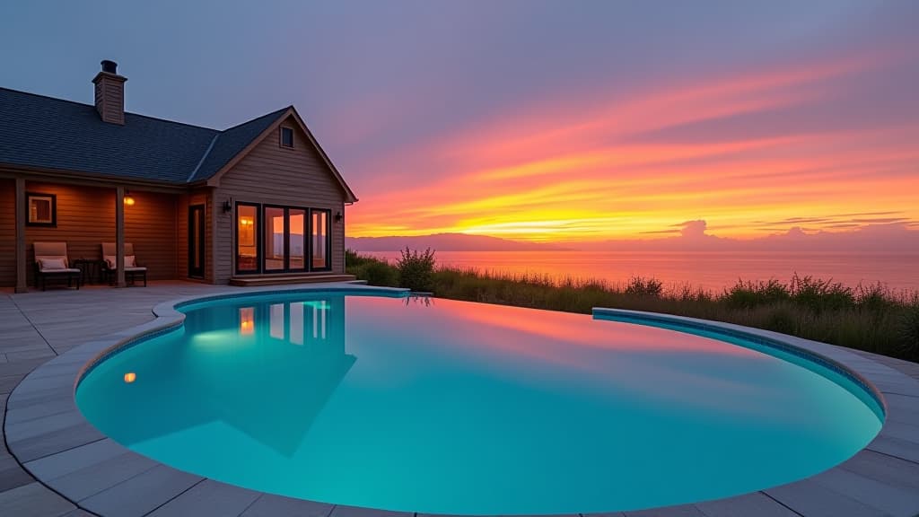  a pool with a house and a sunset