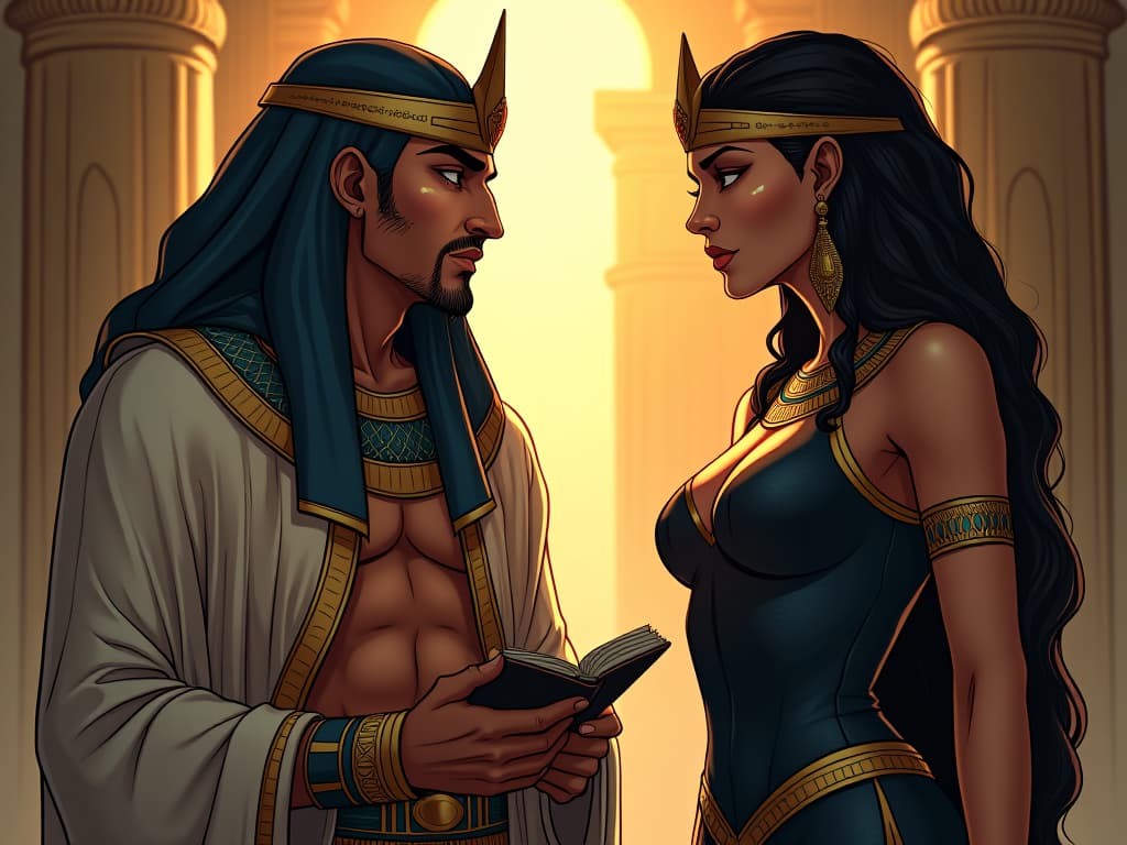  an egyptian scribe, tears glistening in his eyes, gazing at a large busted woman in tight attire, her expression one of understanding and empathy, soft light conveying emotional depth. the style is digital art illustration / modern comic book / mysterious occult, symbolic, esoteric vibe,high detail on character design, incorporating ancient egyptian symbology and attire.