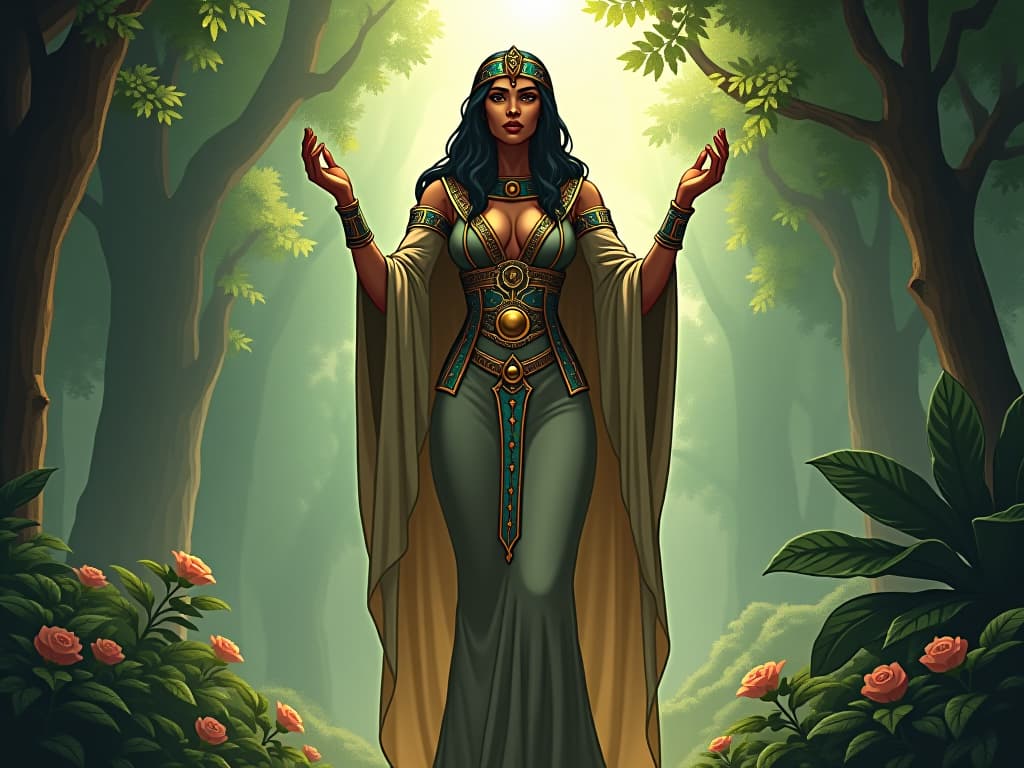  a large busted priestess in a form fitting gown, standing in a lush, serene garden, hands raised, surrounded by an air of tranquility and healing energy, symbolizing being a balm for those in distress. the style is digital art illustration / modern comic book / mysterious occult, symbolic, esoteric vibe,high detail on character design, incorporating ancient egyptian symbology and attire.