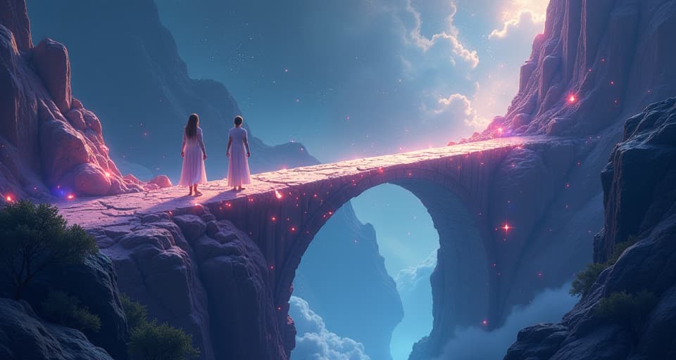  a majestic bridge made of glowing crystals, spanning across a mystical chasm. ethereal beings are seen departing from the bridge, stepping into a realm of understanding and alignment.. the style is digital art illustration,highly detailed, whimsical,magical, dreamlike atmosphere, realism and fantasy blend, smooth, glossy textures,luminous quality, wonder and enchantment.