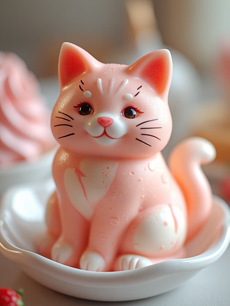  ice cream, cat shaped, cute, pastel colors, dessert, small, adorable, sweet, edible, whiskers, ears, tail, creative, food art, confectionery, whimsical, fun, artistic, delicious realistic photography, 50mm lens