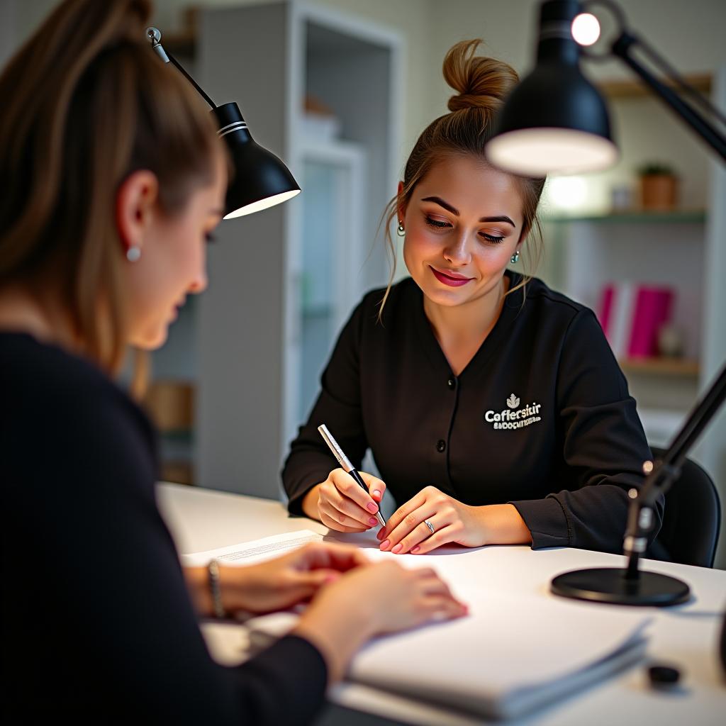  training of a nail master at the workstation with a client.