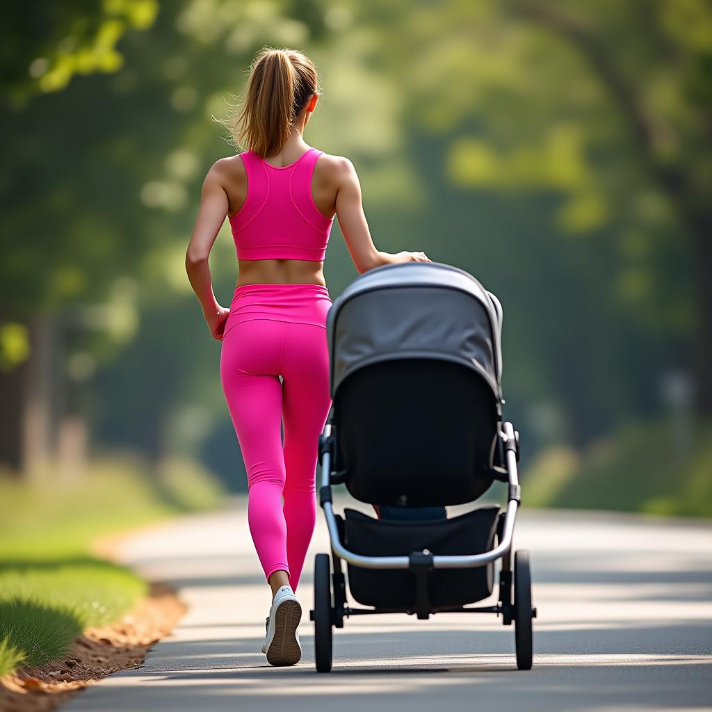  a woman in pink sportswear, wearing a top and leggings, pushes a stroller along the road, photographed from a low angle view.