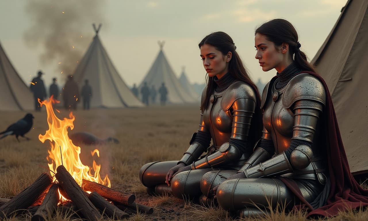  hyperrealistic art three beautiful slender girls in armor rest by the fire after a heavy battle of the middle ages. cooking. faces are happy, but a soot. in the field. against the background marching medieval tents, a battlefield, dead soldiers lie, crows fly. the armor is badly dented and dirty. the armor has dents and scratches. on the wound body. armour after the fight. . extremely high resolution details, photographic, realism pushed to extreme, fine texture, incredibly lifelike