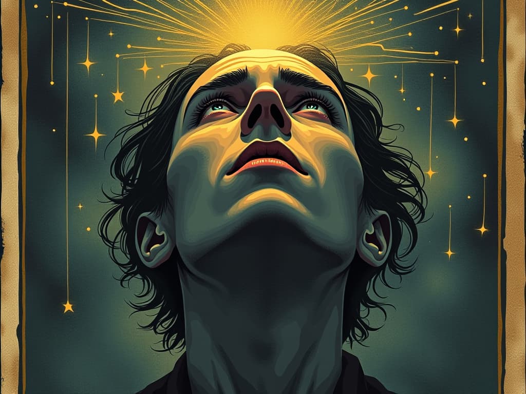  close up of human face, intense expression, looking inward, aura around head, mystical or ethereal backdrop, metaphor for inner strength, revelation. an illustration in the style of a worn, mystical old tarot trump card, mysterious and elements of surrealism. the colors are muted, somber and eerie, but with contrast bring out an occult and esoteric vibe.