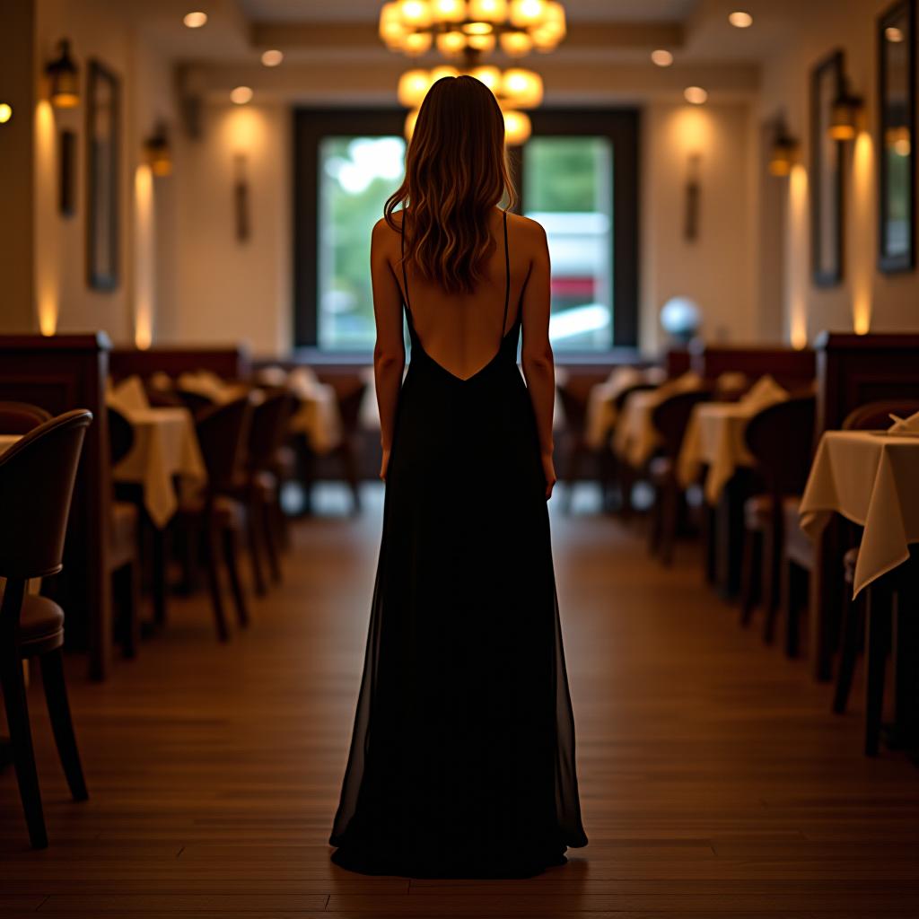  a girl in a restaurant wearing a long black dress with an open back.