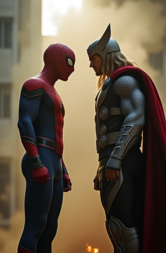  spider man and thor standing face to face with a fighting pose. their full height shoud be seen hyperrealistic, full body, detailed clothing, highly detailed, cinematic lighting, stunningly beautiful, intricate, sharp focus, f/1. 8, 85mm, (centered image composition), (professionally color graded), ((bright soft diffused light)), volumetric fog, trending on instagram, trending on tumblr, HDR 4K, 8K