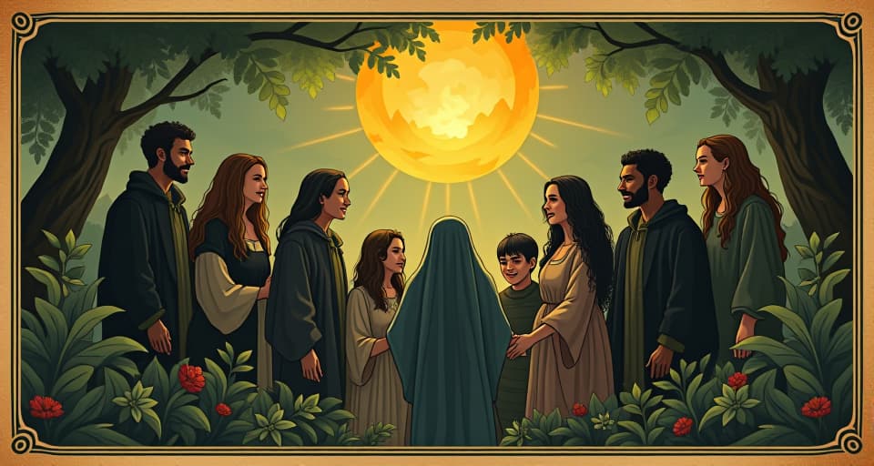  a community of diverse figures, interconnected by beams of light, heartwarming smiles, lush greenery around, unity, love, interconnected. an illustration in the style of a worn, mystical old tarot trump card, mysterious and elements of surrealism. the colors are muted, somber and eerie, but with contrast bring out an occult and esoteric vibe.