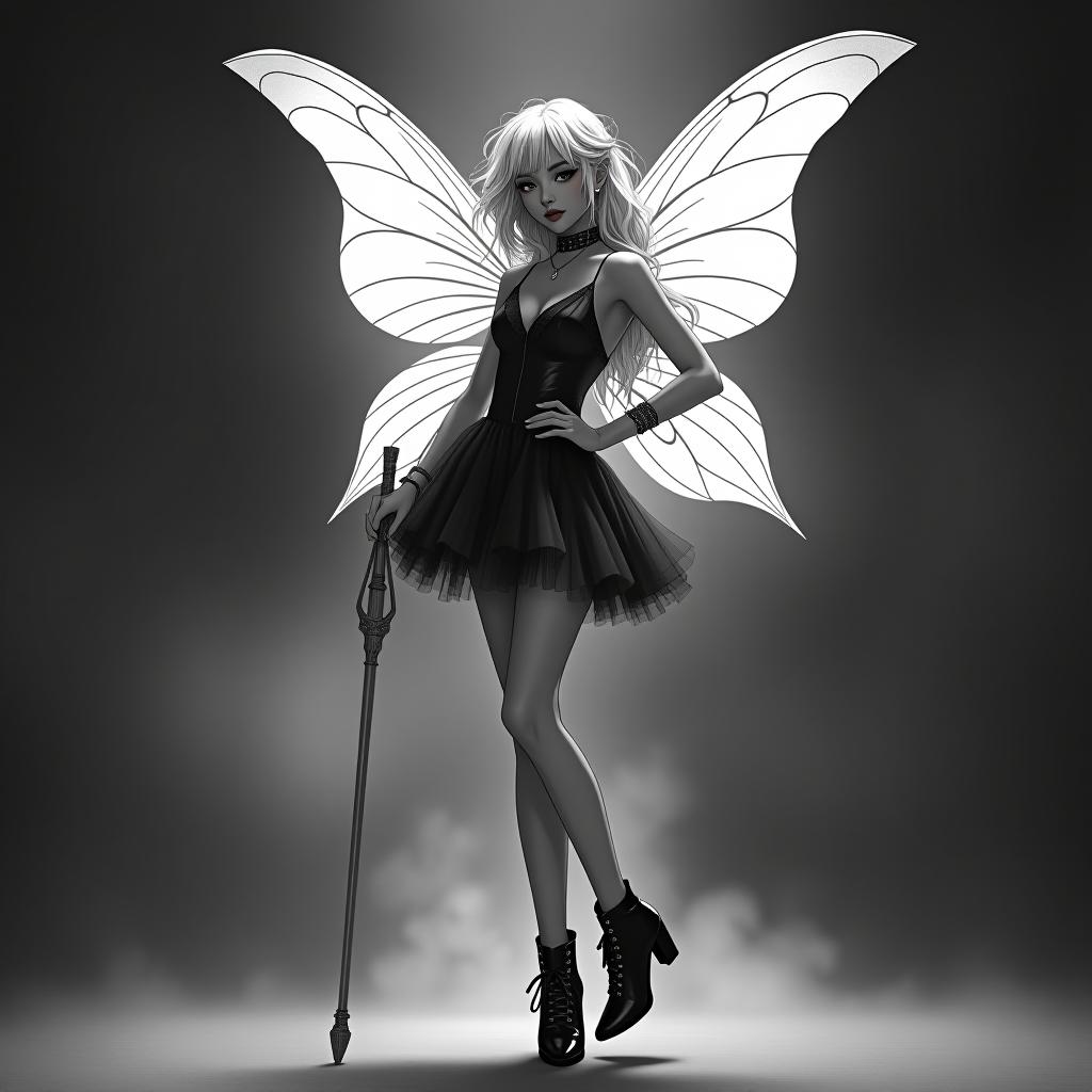  fashion editorial style the black white vector contour of a beautiful and stubborn with wings and a high quality face, the fairy is full of growth in a and model pole, the shoes in very high beds, in a short dress with bright hair wrapped in a coward . high fashion, trendy, stylish, editorial, magazine style, professional, highly detailed hyperrealistic, full body, detailed clothing, highly detailed, cinematic lighting, stunningly beautiful, intricate, sharp focus, f/1. 8, 85mm, (centered image composition), (professionally color graded), ((bright soft diffused light)), volumetric fog, trending on instagram, trending on tumblr, HDR 4K, 8K