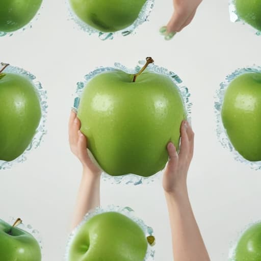 Crystallized floating green apple under animated hands