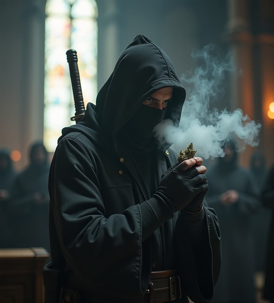  ninja in church smokes marijuana, high quality, high details, hd, perfect composition, 4k epic detailed, highly detailed, sharp focus, high resolution