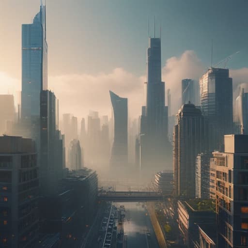 A sparkling skyline of a modern city with sleek skyscrapers reflecting the sunlight. hyperrealistic, full body, detailed clothing, highly detailed, cinematic lighting, stunningly beautiful, intricate, sharp focus, f/1. 8, 85mm, (centered image composition), (professionally color graded), ((bright soft diffused light)), volumetric fog, trending on instagram, trending on tumblr, HDR 4K, 8K