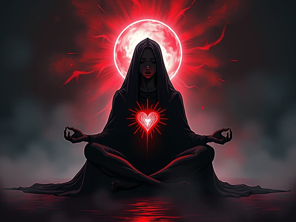  figure in meditative pose, surrounded by light, open heart, aura of cleansing. the style is digital art illustration / modern comic book / graphic dark novel fantasy and mysterious occult, symbolic, moody lighting, esoteric vibe,high detail on character design. for the color scheme emphasize blacks and reds.