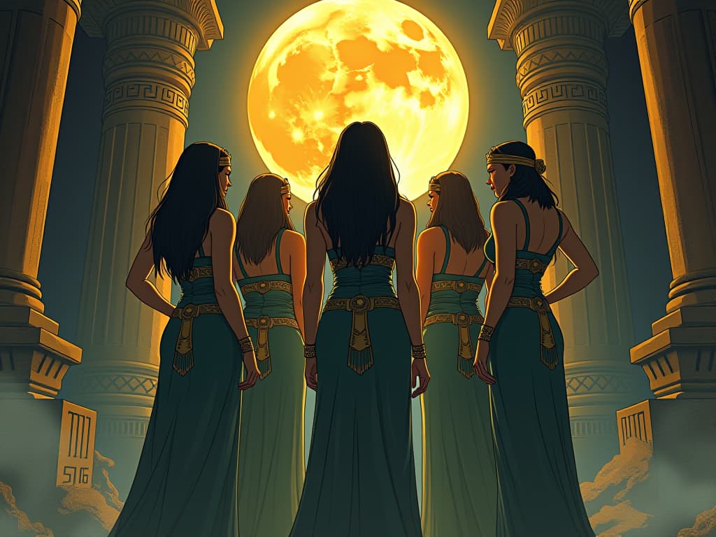  group of large busted priestesses in tight robes, surrounded by hieroglyphs, sharing full moon intentions in a sacred temple, moonlight casting unifying glow. the style is digital art illustration / modern comic book / mysterious occult, symbolic, esoteric vibe,high detail on character design, incorporating ancient egyptian symbology and attire.