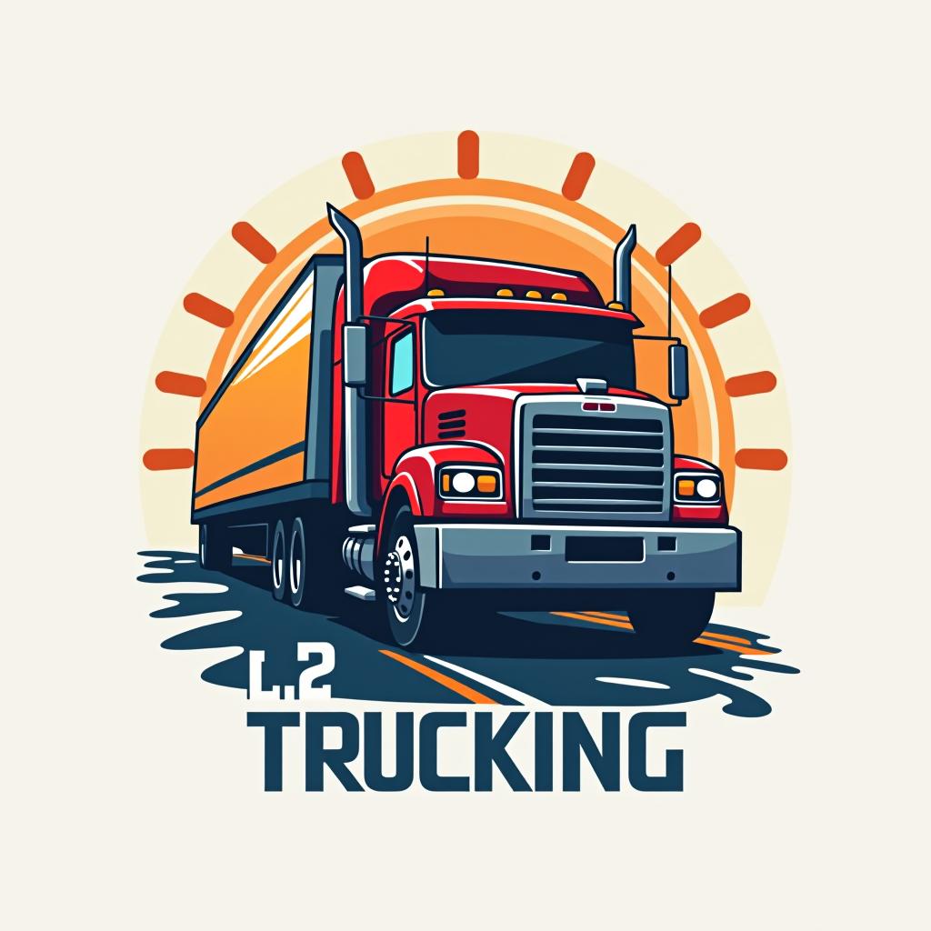  design a logo, create an emblem logo using a truck and a road, emphasizing the company’s focus on timelines and dependability., with the text 'l2 trucking'.