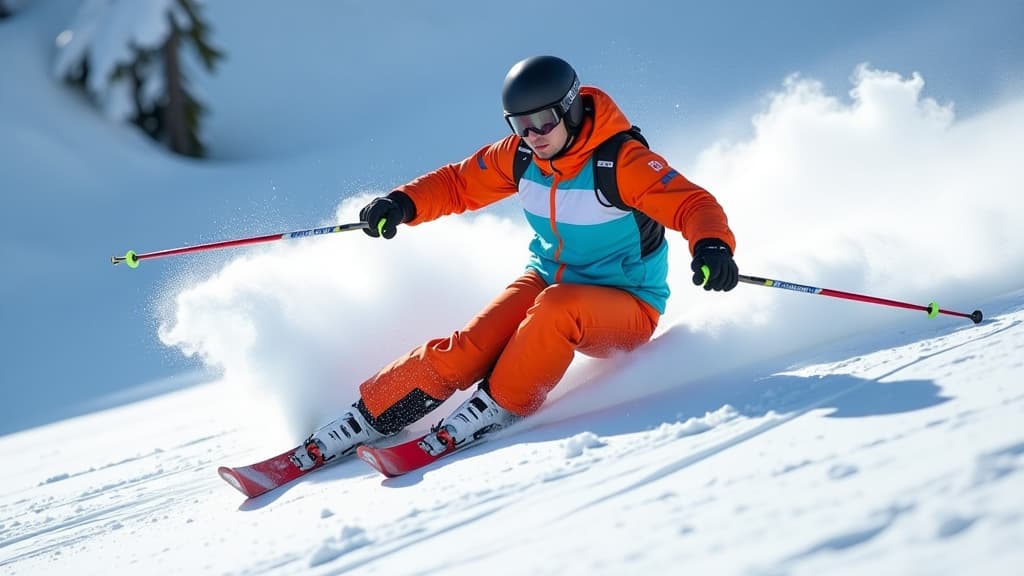  create an ultra realistic image capturing the art of executing a perfect parallel turn while skiing. the scene should showcase a skilled skier gracefully carving through a snow covered slope, demonstrating impeccable technique and precision. emphasize the importance of body posture by depicting the skier in an upright yet forward leaning position, elegantly distributing weight between skis with stable arm positioning and a balanced upper body. include visual elements such as ski equipment with