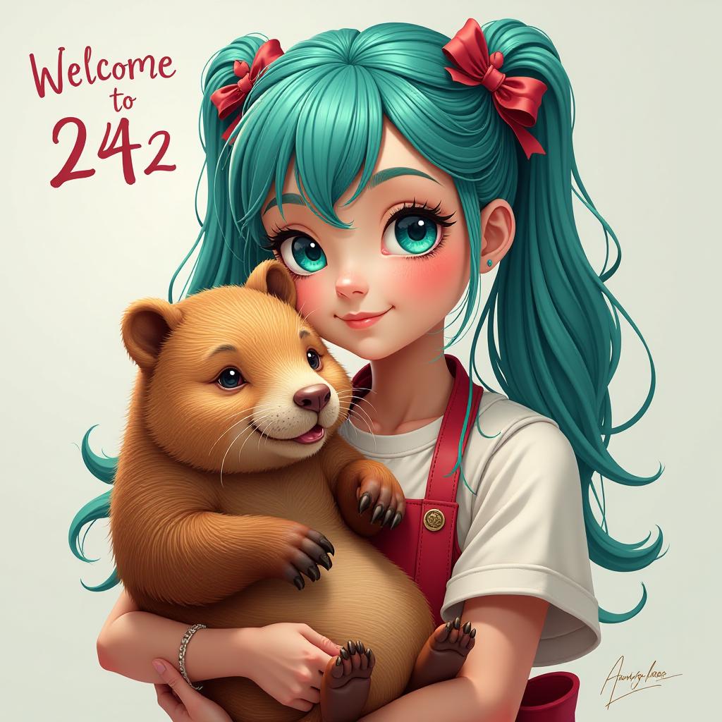  food photography style a girl with blue eyes, turquoise hair holds a capybara in her arms, the inscription welcome to 242 . appetizing, professional, culinary, high resolution, commercial, highly detailed