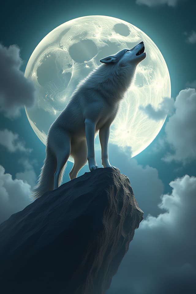  a majestic wolf howling atop a metallic rock, its shiny fur reflecting the moonlight. the background features a vivid, oversized moon surrounded by wispy clouds, casting an ethereal glow over the scene. the atmosphere is cinematic, with a blend of realism and fantasy, showcasing a futuristic digital painting style with intricate details on the wolf's fur and the textures of the rock.