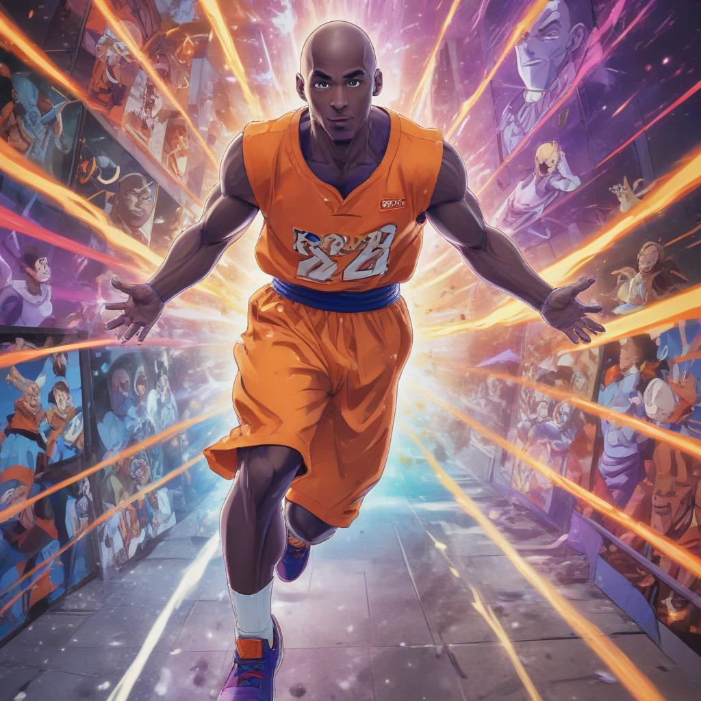 distance-shot, flashy, full-body, dynamic, holographic, animated cartoon poster of kobe scene in the style of dragon ball super