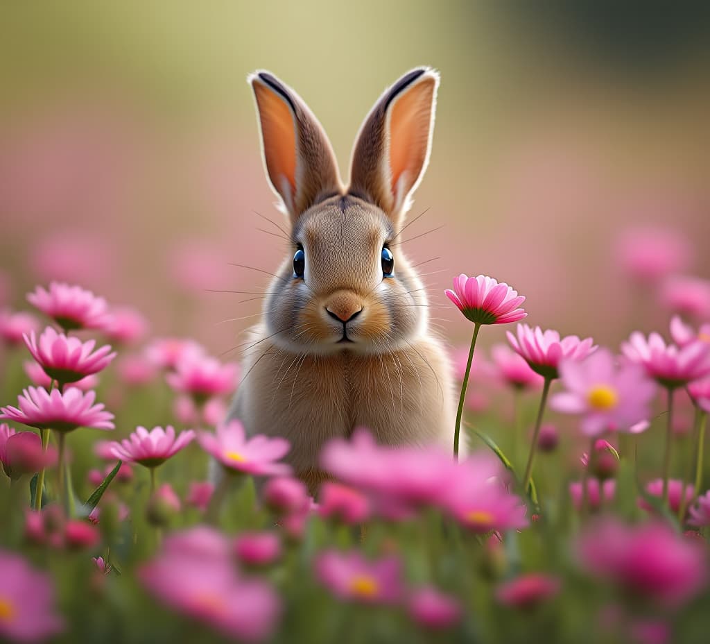  magical rabbit in a field of pink flowers, high quality, high details, hd, perfect composition, 4k epic detailed, highly detailed, sharp focus, high resolution