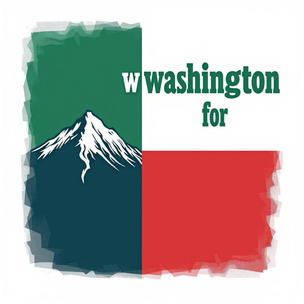  a tshirt design inspired by the washington state flag. the left side features a green vertical stripe with a large mountain in the center. the right side is divided into two horizontal sections: the top section is white with the text 'washington for' in bold, green, uppercase letters, and the bottom section is red with the text 'harris walz' in bold, white, uppercase letters. the overall layout is clean and straightforward, with a clear and patriotic color scheme of blue, white, and red.