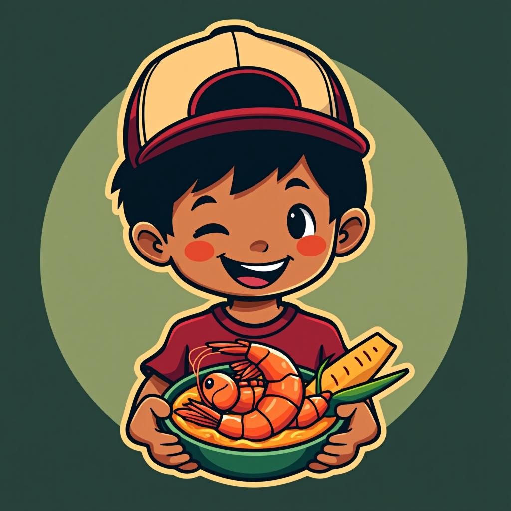  design a logo, mexican brown kid holding bowl of shrimp wearing a baseball cap, with the text 'benicho’s ceviche '.