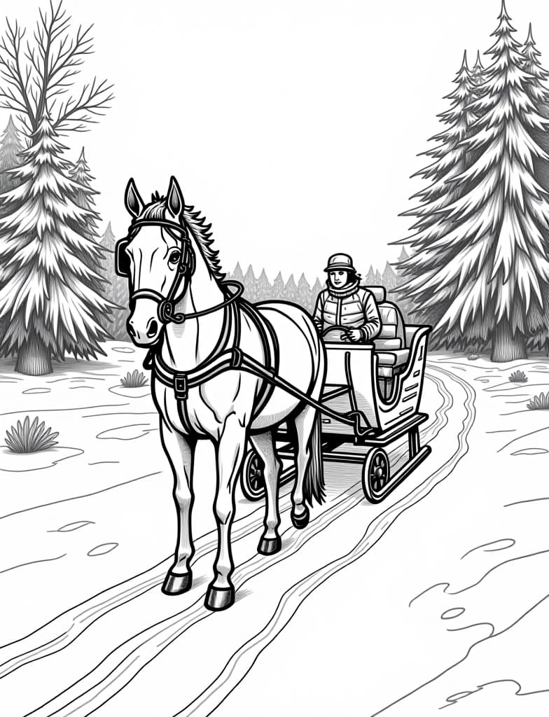  this is for an adult coloring page. a detailed black and white line art of a snowy horse drawn sleigh making its way through a snowy path on a solid white background.