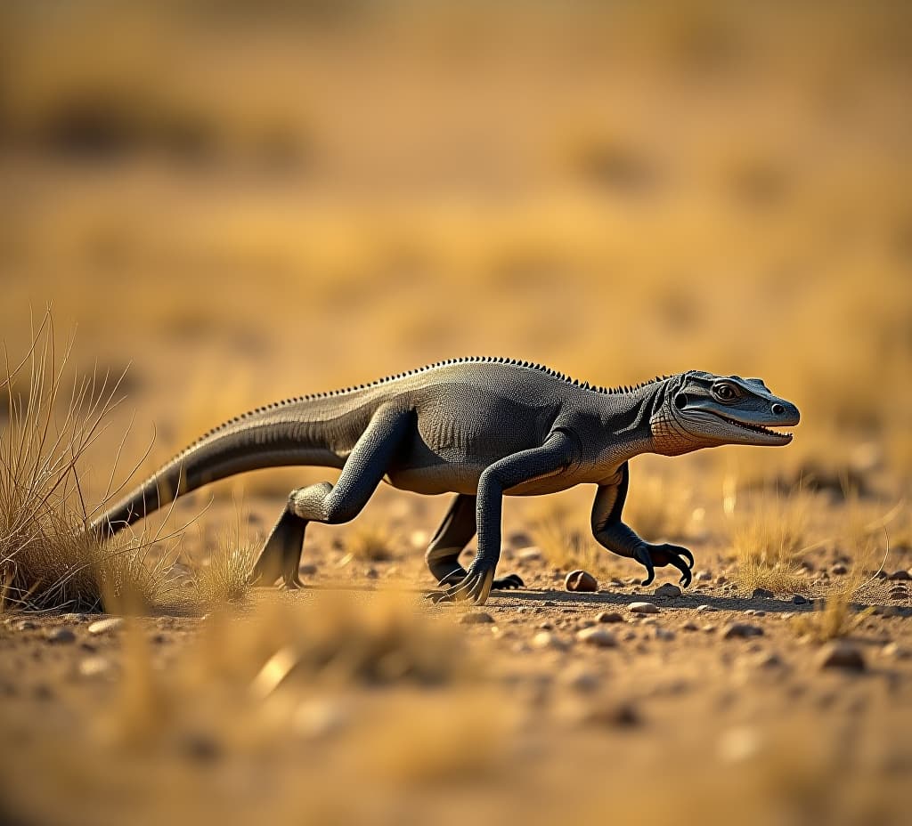  a photo of a komodo dragon walking through dry grasslands during midday