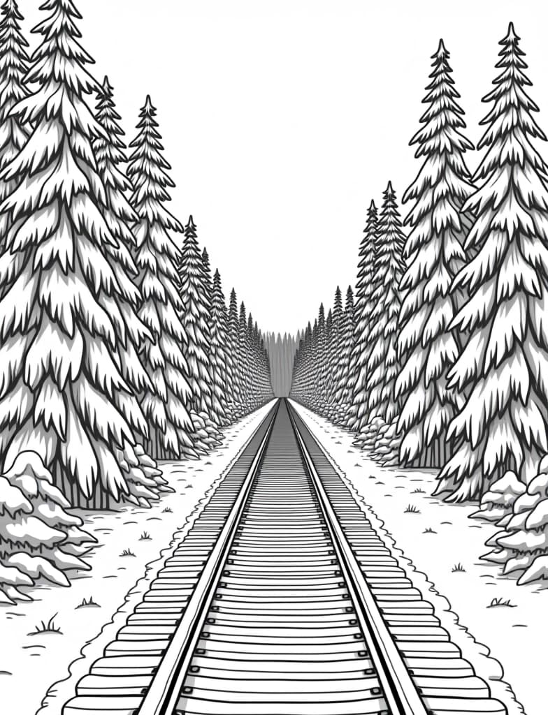  this is for an adult coloring page. a detailed black and white line art of a snowy snow covered train tracks leading through a winter forest on a solid white background.