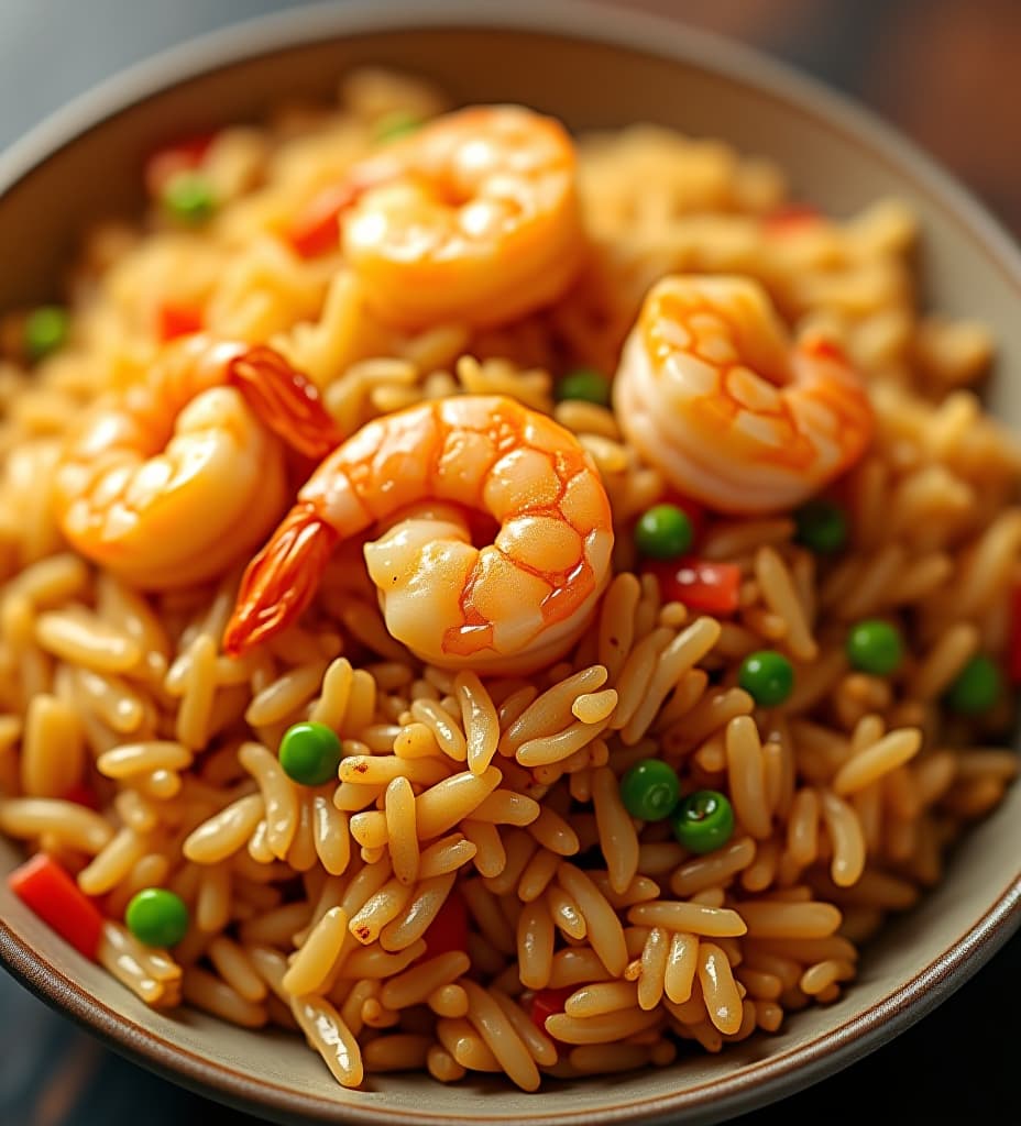  a close up of fragrant shrimp fried rice, bursting with flavor and texture. a colorful and delicious shrimp fried rice recipe, perfect for a quick and easy weeknight meal. a bowl of steaming hot shrimp fried rice