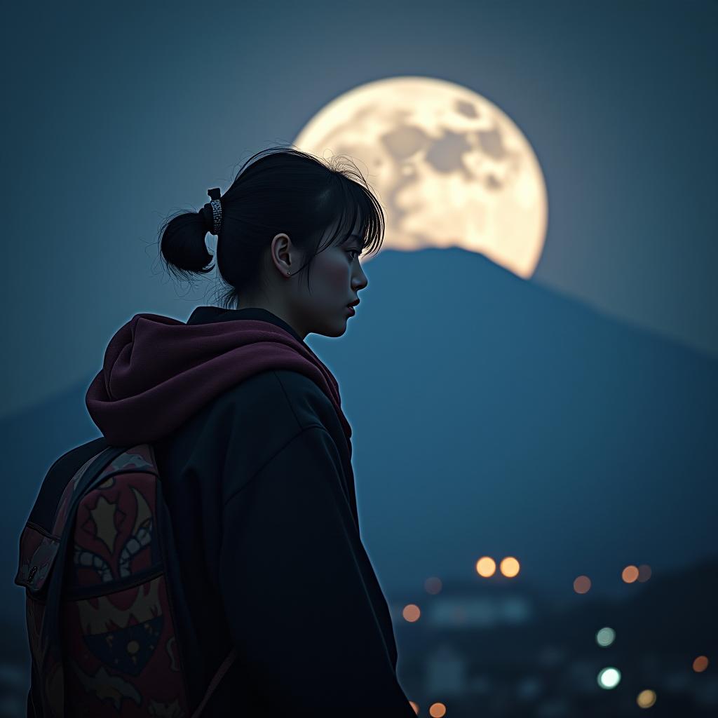  full moon in japan. add small text 'astravision' to the lower left corner hyperrealistic, full body, detailed clothing, highly detailed, cinematic lighting, stunningly beautiful, intricate, sharp focus, f/1. 8, 85mm, (centered image composition), (professionally color graded), ((bright soft diffused light)), volumetric fog, trending on instagram, trending on tumblr, HDR 4K, 8K