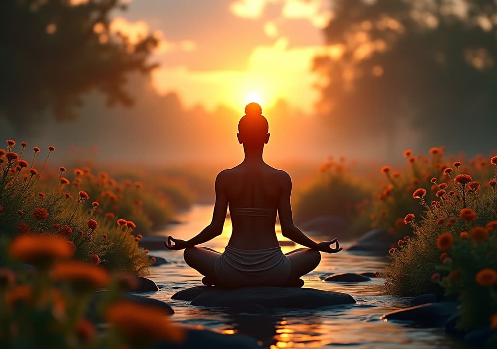  a serene landscape featuring a tranquil garden with vibrant wildflowers, a peaceful stream, and a gentle sunset, symbolizing healing. a silhouette of a person meditating, surrounded by soft, glowing light, embodies mind body connection. hyperrealistic, full body, detailed clothing, highly detailed, cinematic lighting, stunningly beautiful, intricate, sharp focus, f/1. 8, 85mm, (centered image composition), (professionally color graded), ((bright soft diffused light)), volumetric fog, trending on instagram, trending on tumblr, HDR 4K, 8K