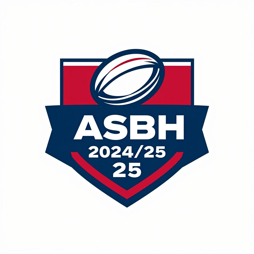  design a logo, créer un logo simple de couleurs rouge et bleu pour le club de rugby de beziers il doit faire apparaître le nom asbh 2024/25, un ballon de rugby et le slogan « aqui es besiers », with the text 'asbh'.